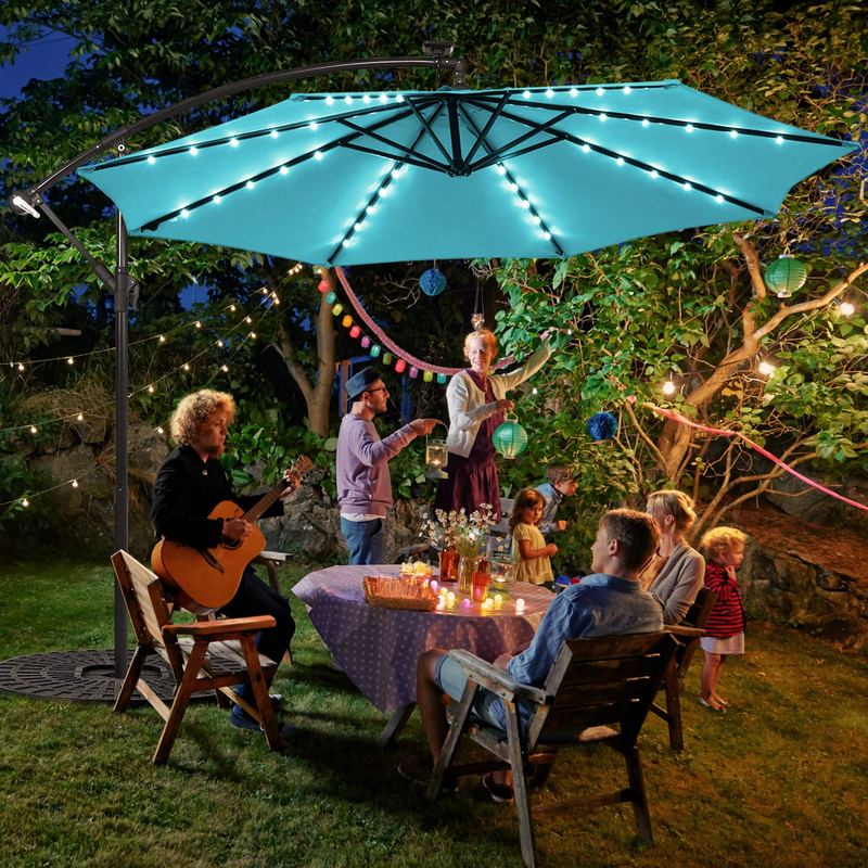 Gymax - 10ft Solar Patio Umbrella Outdoor Offset Hanging Umbrella w/ 40 LED Lights - Turquoise