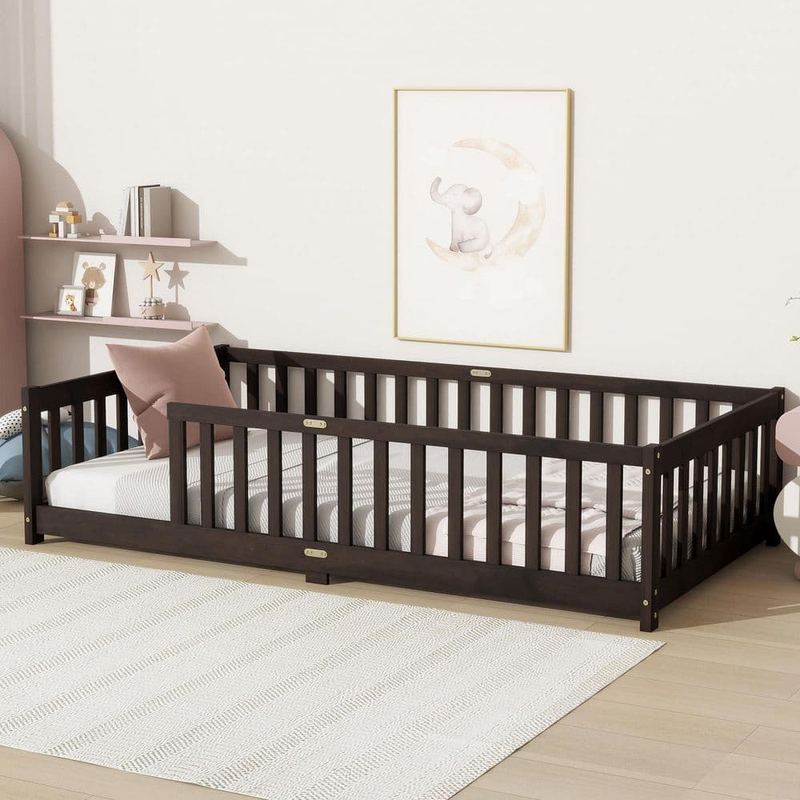 Polibi - Espresso Twin Size Kids Bed with Fence Without Door,safety Guardrails