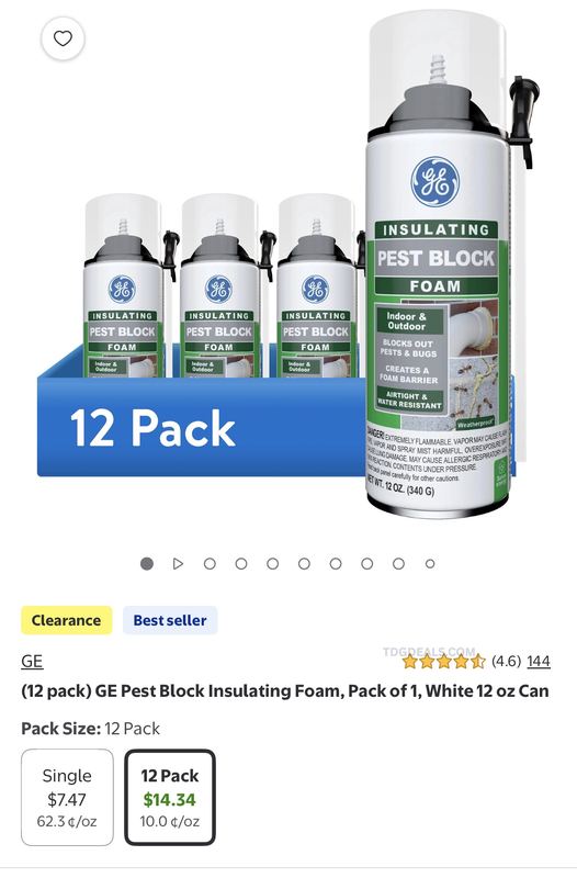 GE Pest Block Insulating Foam 12-Pack marked down to just $14.34 at Walmart! That’s only $1.20 per can.