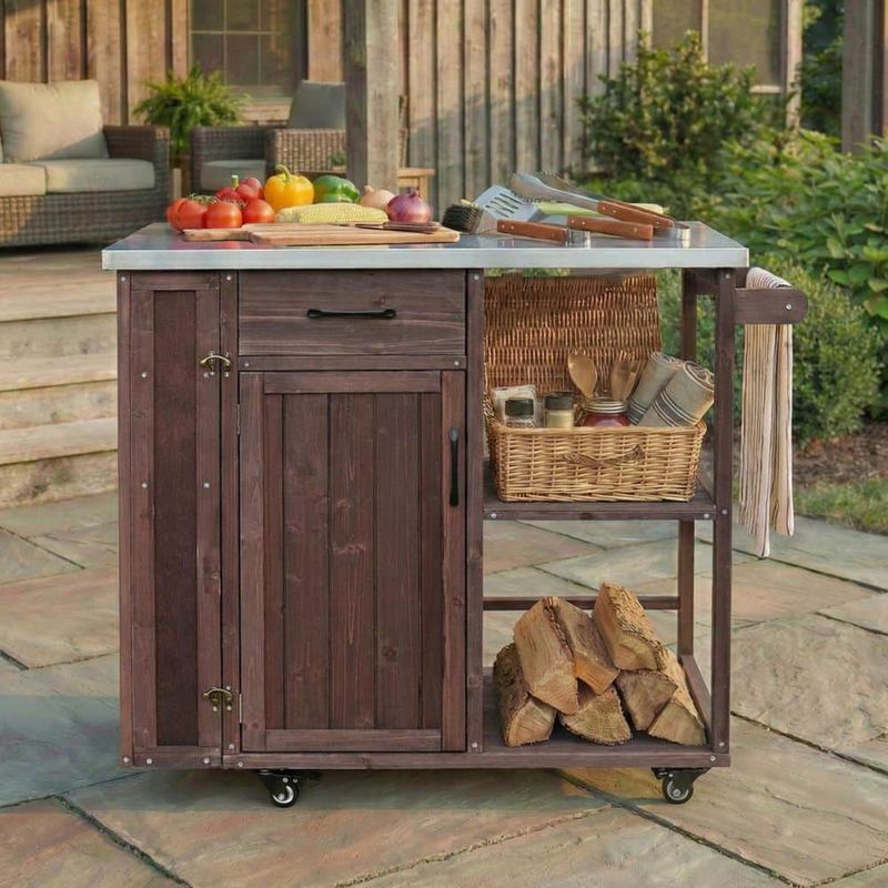 Polibi - Dark Brown Stainless Steel Top Kitchen Cart with Stainless Top, Ample Storage Space, Towel and Spice Racks