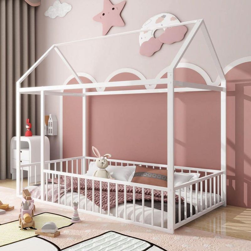 Nestfair - White Metal Frame Twin Size Platform Bed Frame with Fence