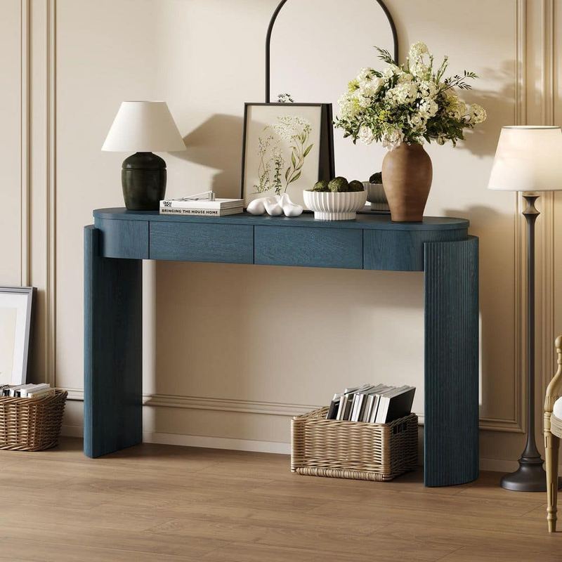 Polibi - 55.10 in Navy Oval MDF Wood Console Table with 2 Drawers and Fluted Design