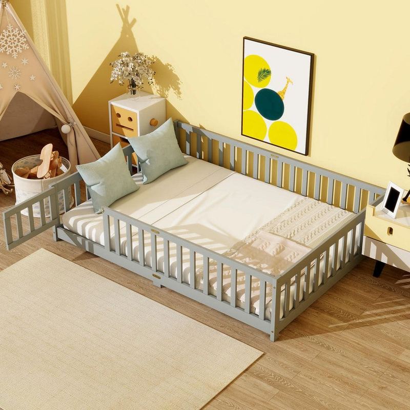 Polibi - Gray Full Size Kids Bed with Fence and Door,safety Guardrails