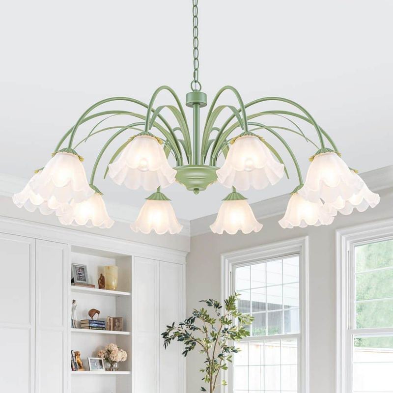 MENCOLULU - 40 in. 10-Light Modern Green Metal Flower Shape Chandelier with Glass Shades for Dining Room and Living Room
