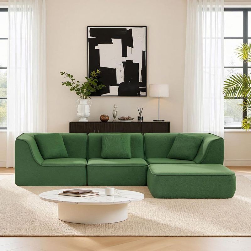 Spruce & Spring - Celia 107.87 in. Square Arm 2-Piece Fabric Sectional Sofa in Moss Green with Ottoman, No Assembly Modular Design