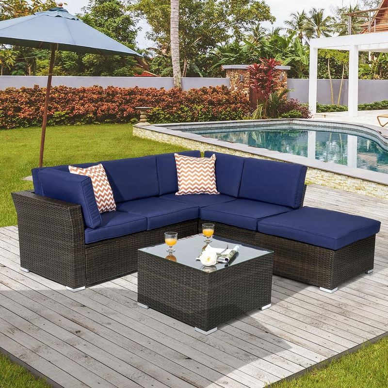 JOYESERY - 4-Pieces PE Rattan Wicker Outdoor Conversation Sectional Sofa Sets With Tempered Glass Table with Navy Blue Cushions