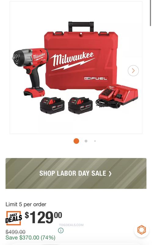 $499 MILWAUKEE M18 FUEL HIGH-TORQUE IMPACT WRENCH KIT for $129