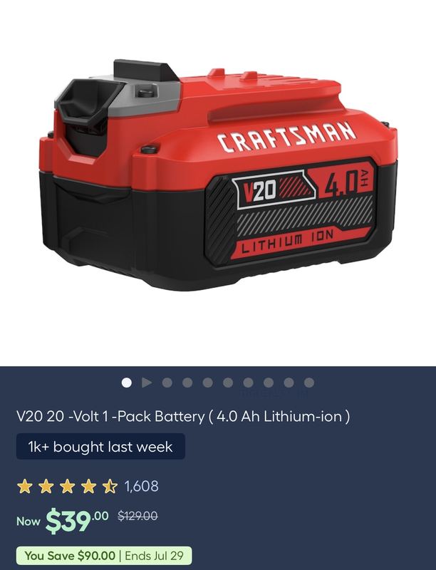 $40 CRAFTSMAN V20 20V 4.0Ah Lithium-Ion Battery