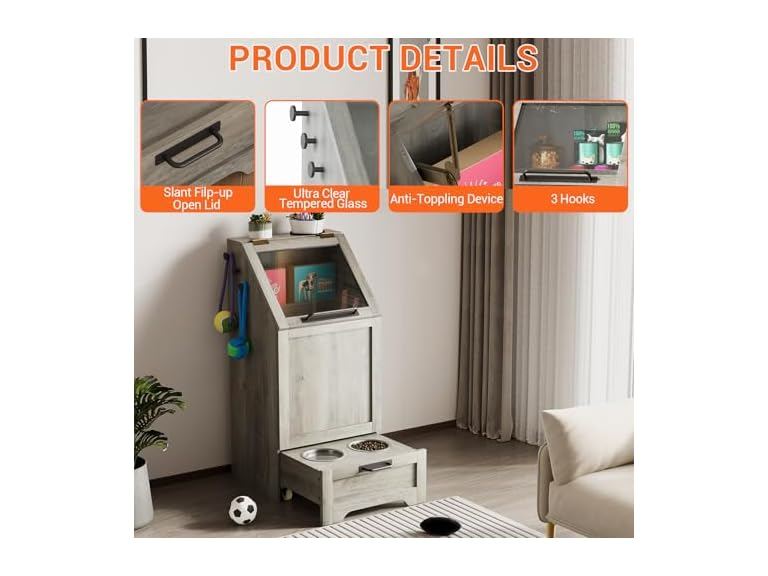 Top Opening Dog Feeding Station, Wooden Dog Cabinet, Grey