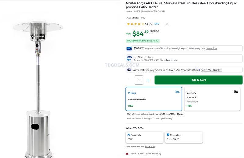 $85 Master Forge 48,000 BTU Stainless Steel Patio Heater