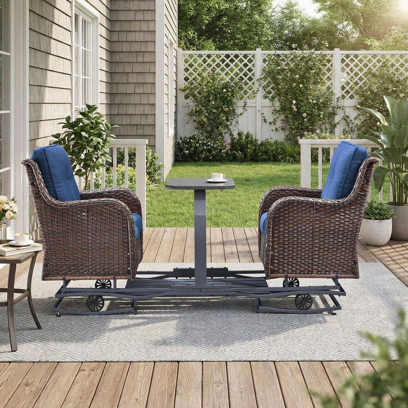 moosprr - ArcLine Brown PE Wicker 2-Person Outdoor Glider Chair with Blue Olefin Cushions and Center Side Table
