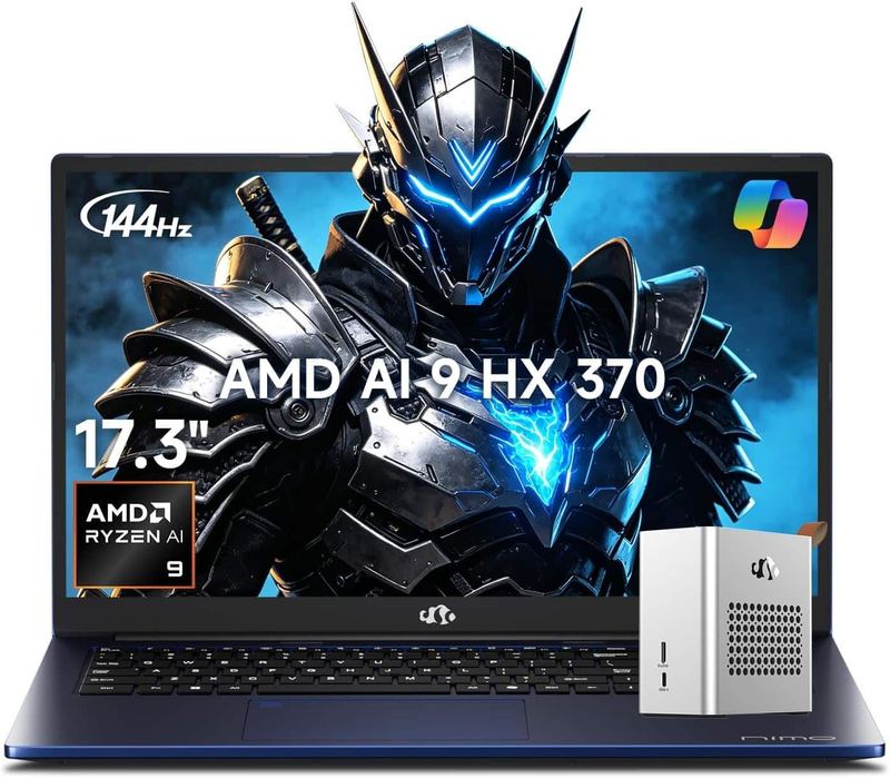 NIMO - 17.3" AI Laptop, 12 Core AMD Ryzen 9 HX 370 Radeon 890M, 16GB RAM 1TB SSD with eGPU Dock RX 7600M XT 8GB GDDR6 - Celestial Blue
