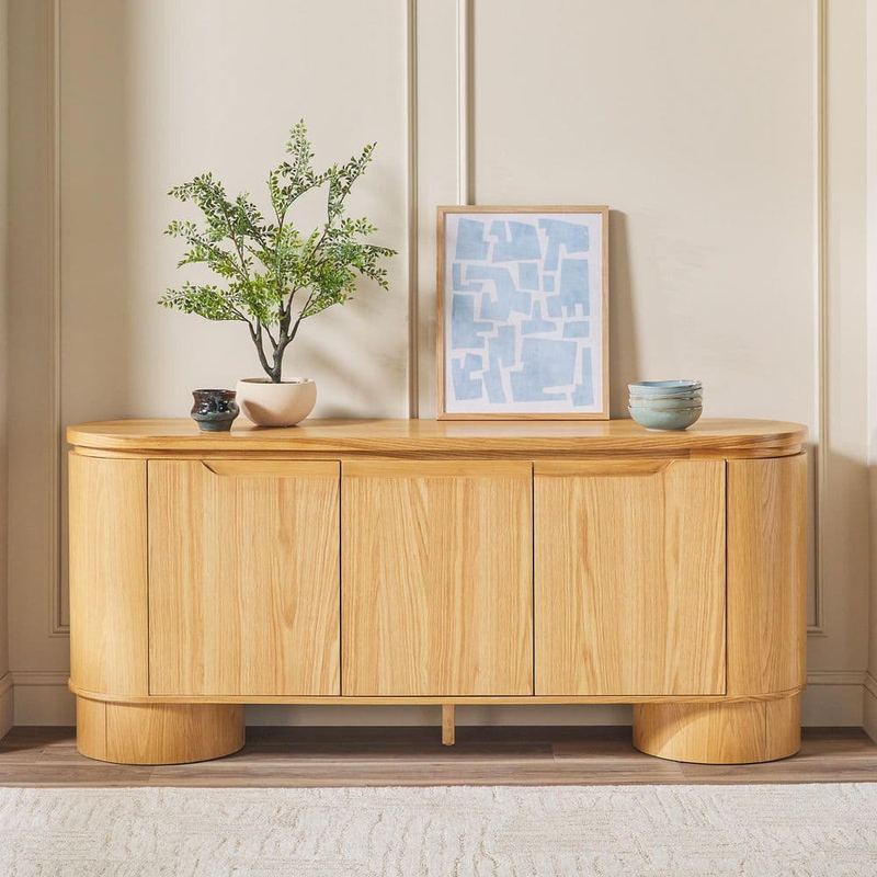 Walker Edison Furniture Company - Maya White Oak Modern Solid Wood Veneer 70 in. Curved Buffet TV Stand with Storage