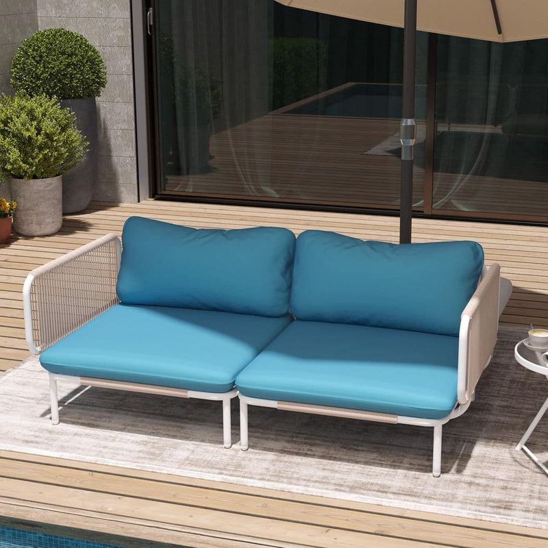 Pellebant - 2-Piece Metal Outdoor Sectional Set Sofa with Blue Cushions and 4-Armrest