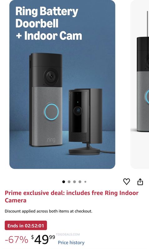 Prime members can grab the Ring Battery Doorbell for $49.99 and get a FREE Ring Indoor Cam at checkout.