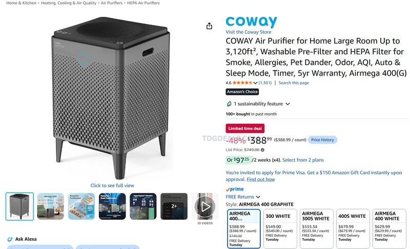 COWAY AIRMEGA 400 AIR PURIFIER — $388.99