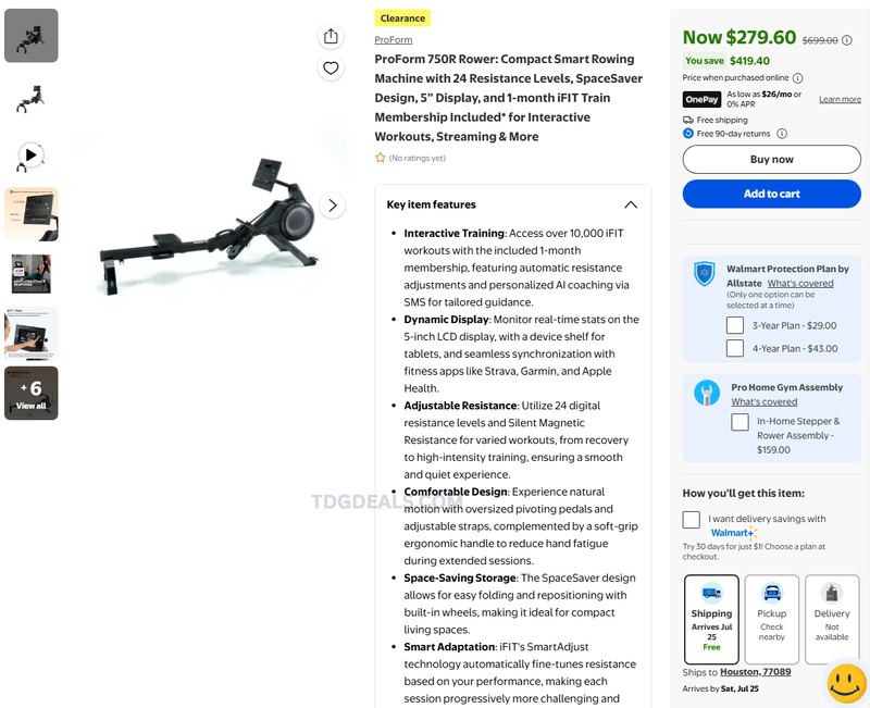 PROFORM 750R ROWER — $279.60