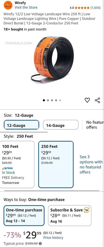 $109.99 WIREFY 12/2 LOW-VOLTAGE LANDSCAPE WIRE 250-FT for $28.49 with S&S
