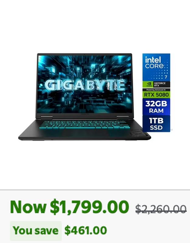 $2,260 GIGABYTE A16 PRO RTX 5080 GAMING LAPTOP FOR $1,799