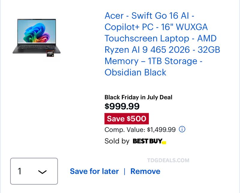 ACER SWIFT GO 16 AI LAPTOP — $500 OFF