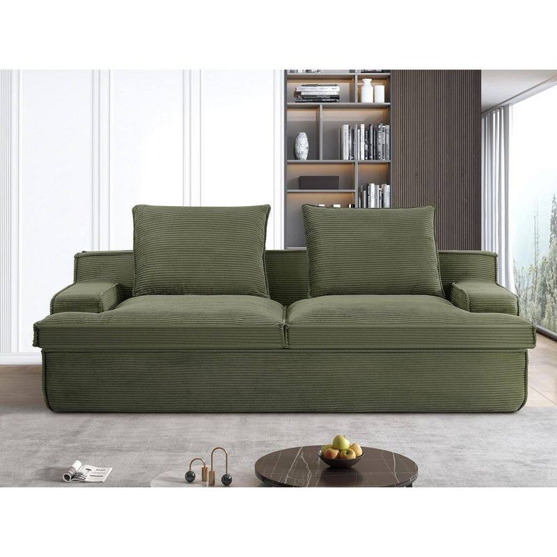 Qualler - 90.9 in. Square Arm Corduroy Rectangle Ergonomic Compressed Sofa in. Green