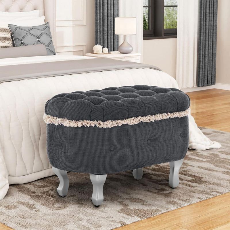 CHRISTOPHER KNIGHT HOME - Ulbric French Glam Grey 29.5 in. Button Tufted Fabric Upholstered Storage Ottoman Bedroom Bench with Fringe