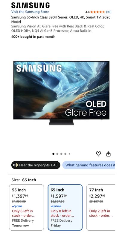 $2,699.99 Samsung 65” S90H OLED for $1,597.99