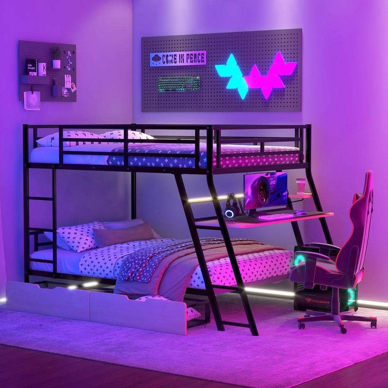 Harper & Bright Designs - Black Full Size Metal Bunk Bed with Light, Built-in Desk and 2-Drawer
