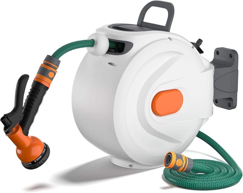 Sugift - 1/2-in x 100-ft Wall Mounted Retractable Garden Hose Reel with Auto Rewind and 10-Pattern Nozzle