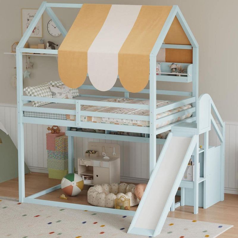 Harper & Bright Designs - Light Green Full Size Wood House Loft Bed with Canopy, Slide and Built-In Bookshelves