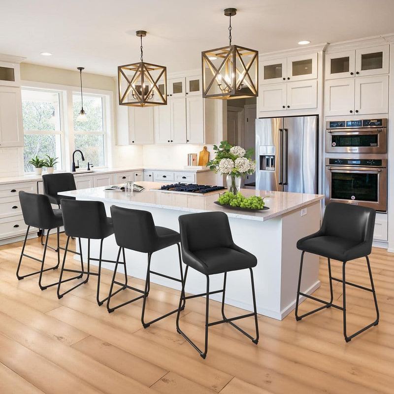 OrangeOne - Mali 36 in. Black Metal Frame Faux Leather Counter Height Bar Stool with Premium Footrest and Non-Slip Footpads Set of 6