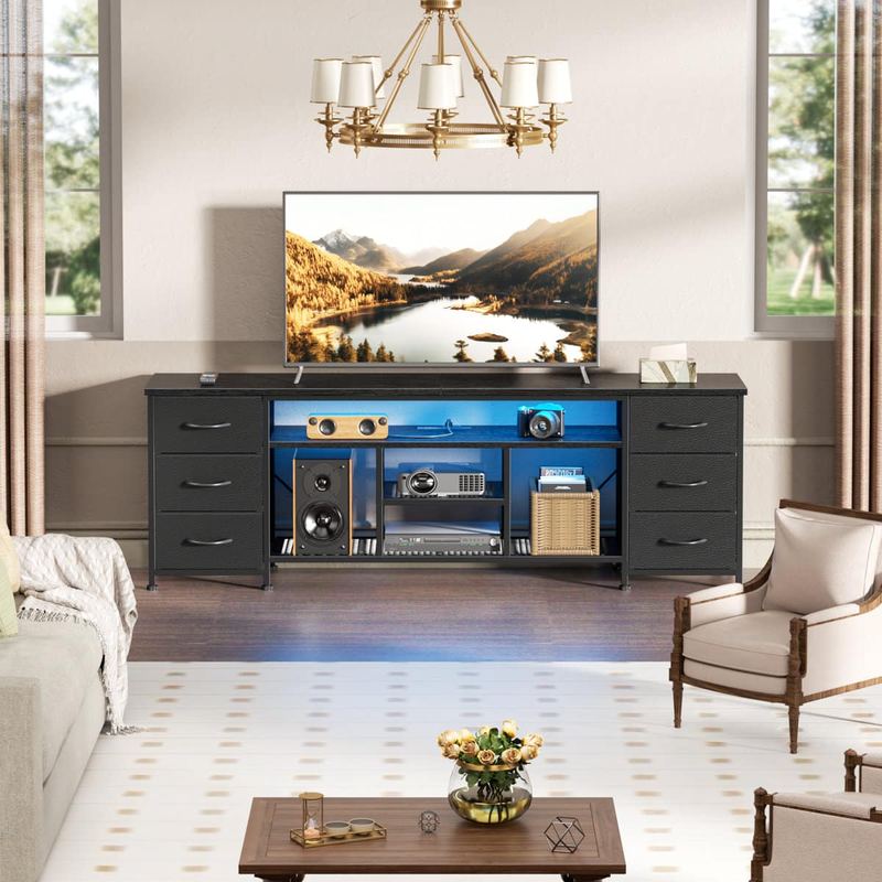 Furnulem - 71 In Modern LED TV Stand with Power Outlets 6 Drawer Entertainment Center Media Console with Storage for Living Room - Black