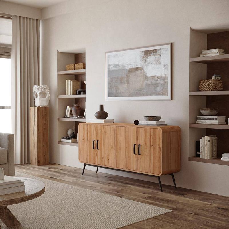 LuxenHome - Brown 31.5 in. 4-Door Soft Close Sideboard Server Cabinet with Black Metal Legs