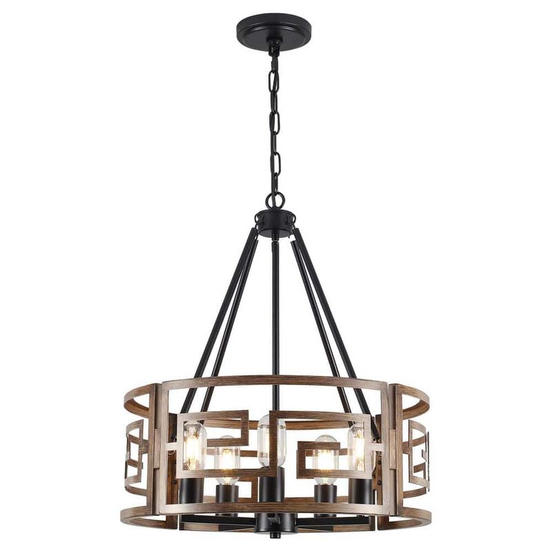 ADSENSTY - 5 light 19.69" Brown Industrial Metal Geometric Drum Chandelier for Kitchen Island with no bulbs included