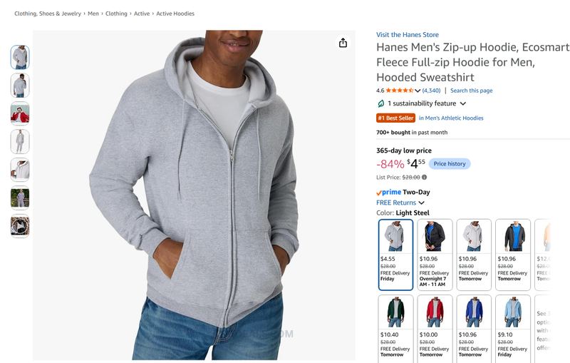 HANES MEN'S ECOSMART ZIP-UP HOODIE — $4.55