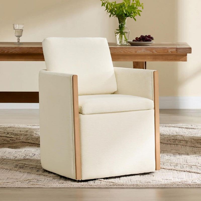 Spruce & Spring - Tessa Beige Fabric Modern Upholstered Dining Chairs with Rolling Wheels and Hidden Storage for Dining Room