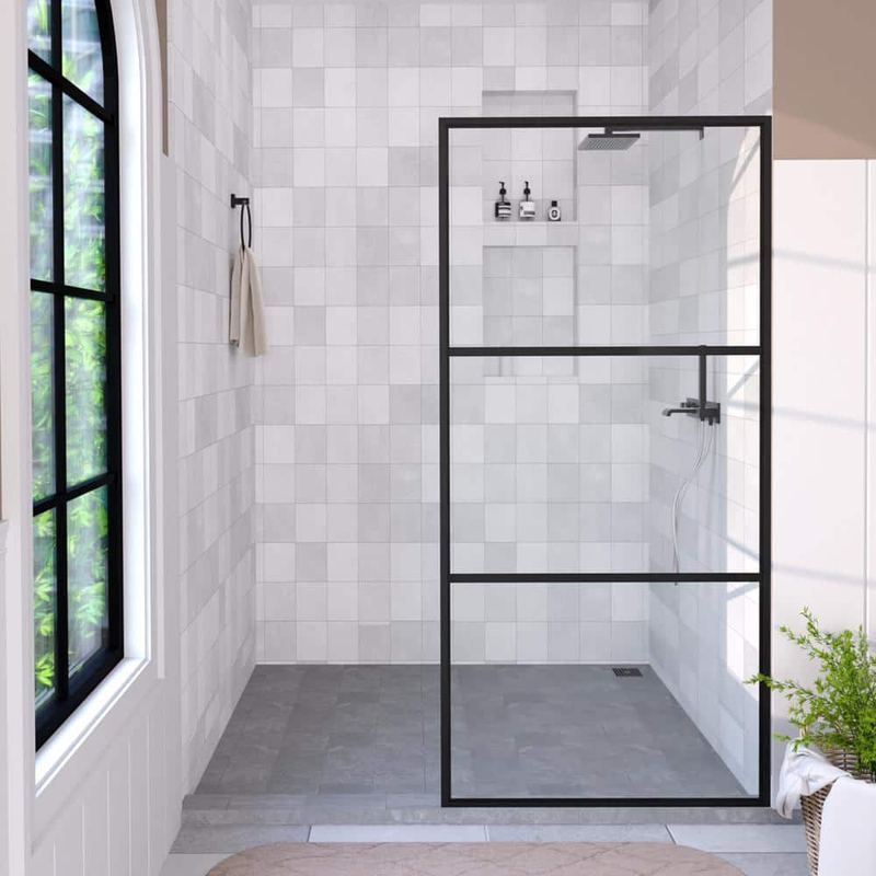Hermitage Bath - Hilma 34 in. W x 72 in. H Fixed Framed Shower Door in Matte Black Finish with Patterned Glass
