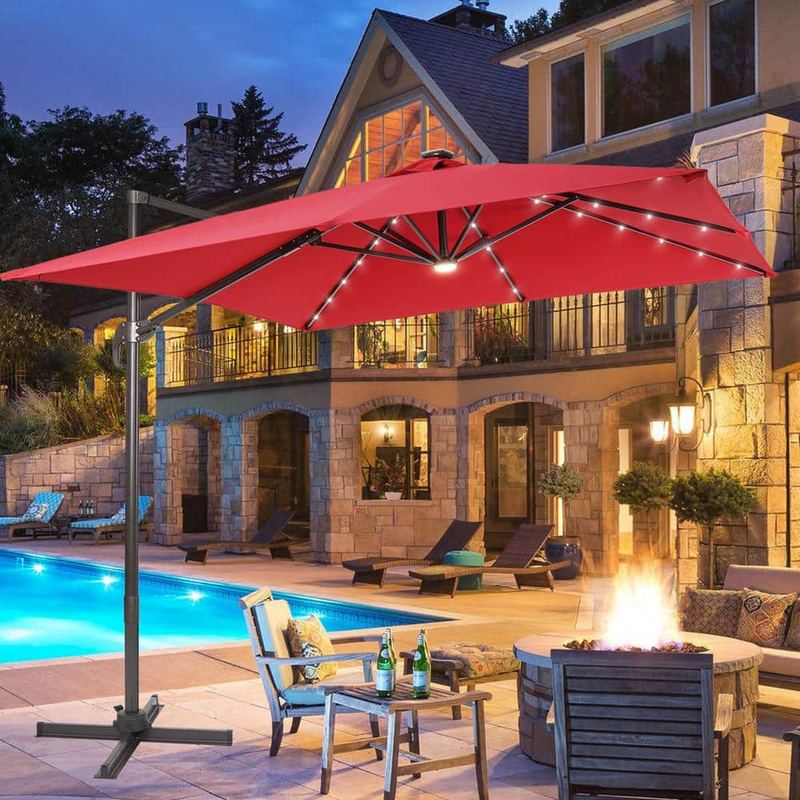 JOYESERY - 10 ft. x 8 ft. Outdoor Rectangular Cantilever LED Patio Umbrella, 240 g Solution-Dyed Fabric Aluminum Frame in Rust Red