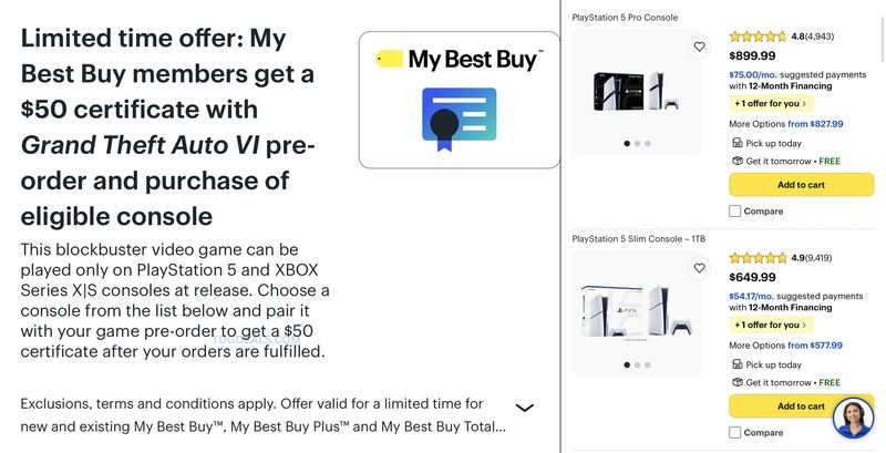 GTA VI + new console? Best Buy is offering a FREE $50 certificate when you pre-order GTA VI and purchase an eligible PS5 or Xbox Series XS.