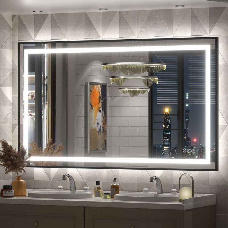 Apmir - 51 in. W x 30 in. H Rectangular Framed Front and Back LED Lighted Anti-Fog Wall Bathroom Vanity Mirror in Tempered Glass