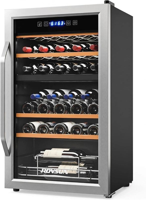 Winado - Dual Zone Wine and Beverage Refrigerator, 33 Bottle Wine Fridge with Independent Temperature Control & Glass Door - Black