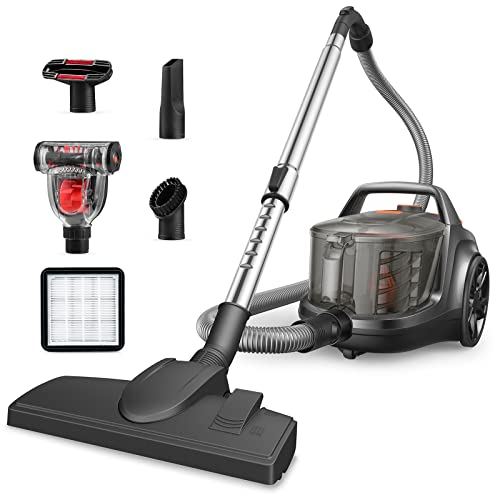 HawKam Canister Vacuum, Upgraded 1600W Bagless Canister Vacuum Cleaner, Auto Cord Rewind, H13 HEPA Filter, 4Qt Large Capacity, 5 Tools for Hard Floors, Carpet, Pet, Upholstery, Tiles, Tangerine
