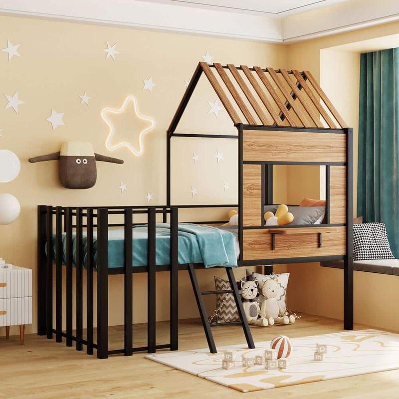 Harper & Bright Designs - Black and Brown Twin Size Metal House Low Loft Bed with Roof, Window, Guardrail, Sloping Mini Ladder