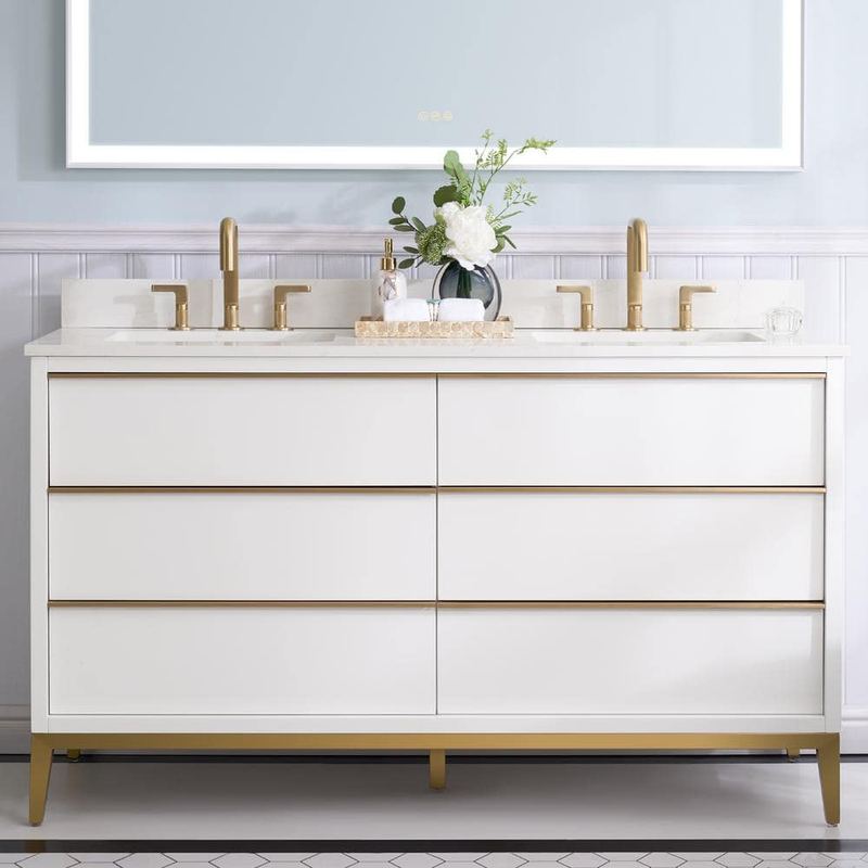 WELLFOR - NOLAN 60 in. W x 22 in. D x 35 in. H cUPC Double Sinks Freestanding Bath Vanity in White with Carrera White Quartz Top