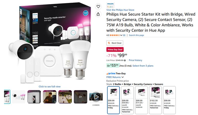 Philips Hue Secure Starter Kit w/ Bridge also available for $100