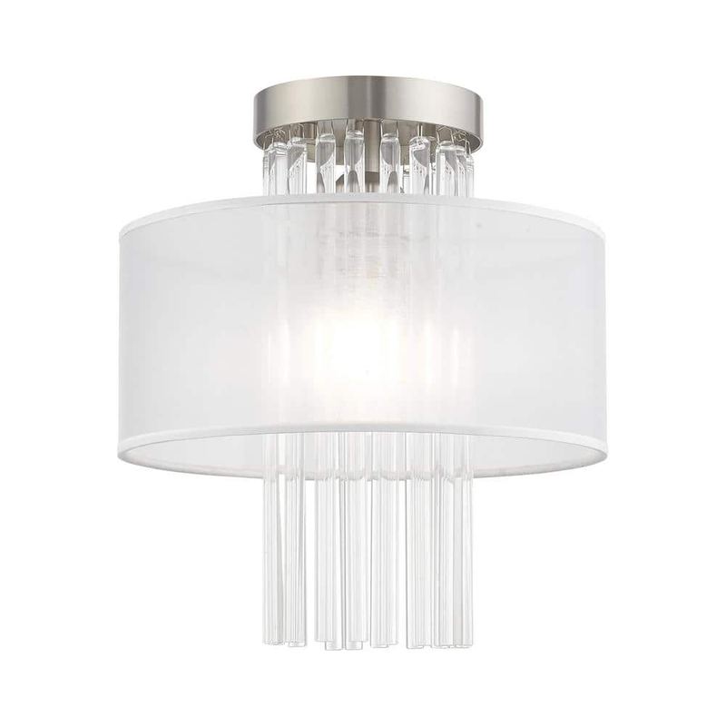 AVIANCE LIGHTING - Ellyridge 11 in. 1-Light Brushed Nickel Semi Flush Mount with Translucent Fabric shand and Clear Crystal Rods