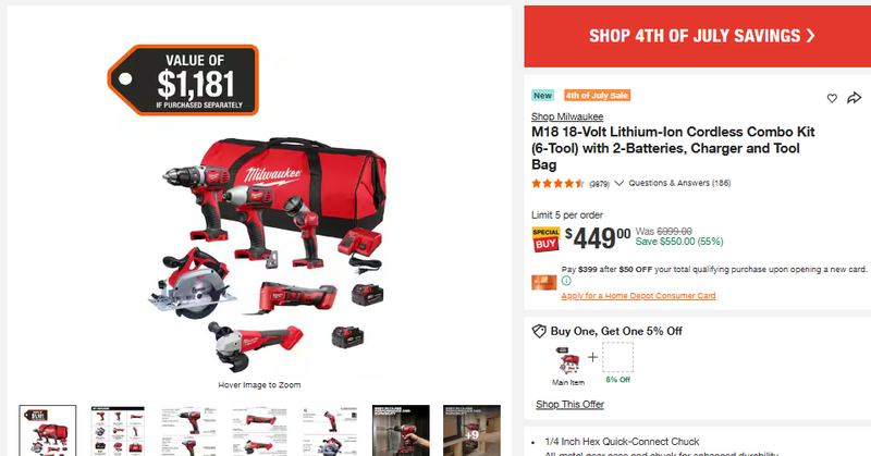 M18 18-Volt Lithium-Ion Cordless Combo Kit (6-Tool) with 2-Batteries, Charger and Tool Bag