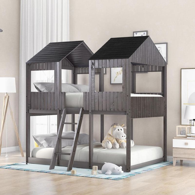 Harper & Bright Designs - Antique Gray Full Over Full Wooden Bunk Bed with Roof, Window, Safety Guardrail, and Ladder