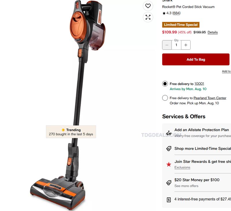 SHARK ROCKET PET CORDED STICK VACUUM — $109.99