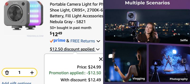 PORTABLE CAMERA LIGHT FOR $12.49 ON AMAZON